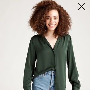Washable Stretch Silk Notch Collar Blouse M green